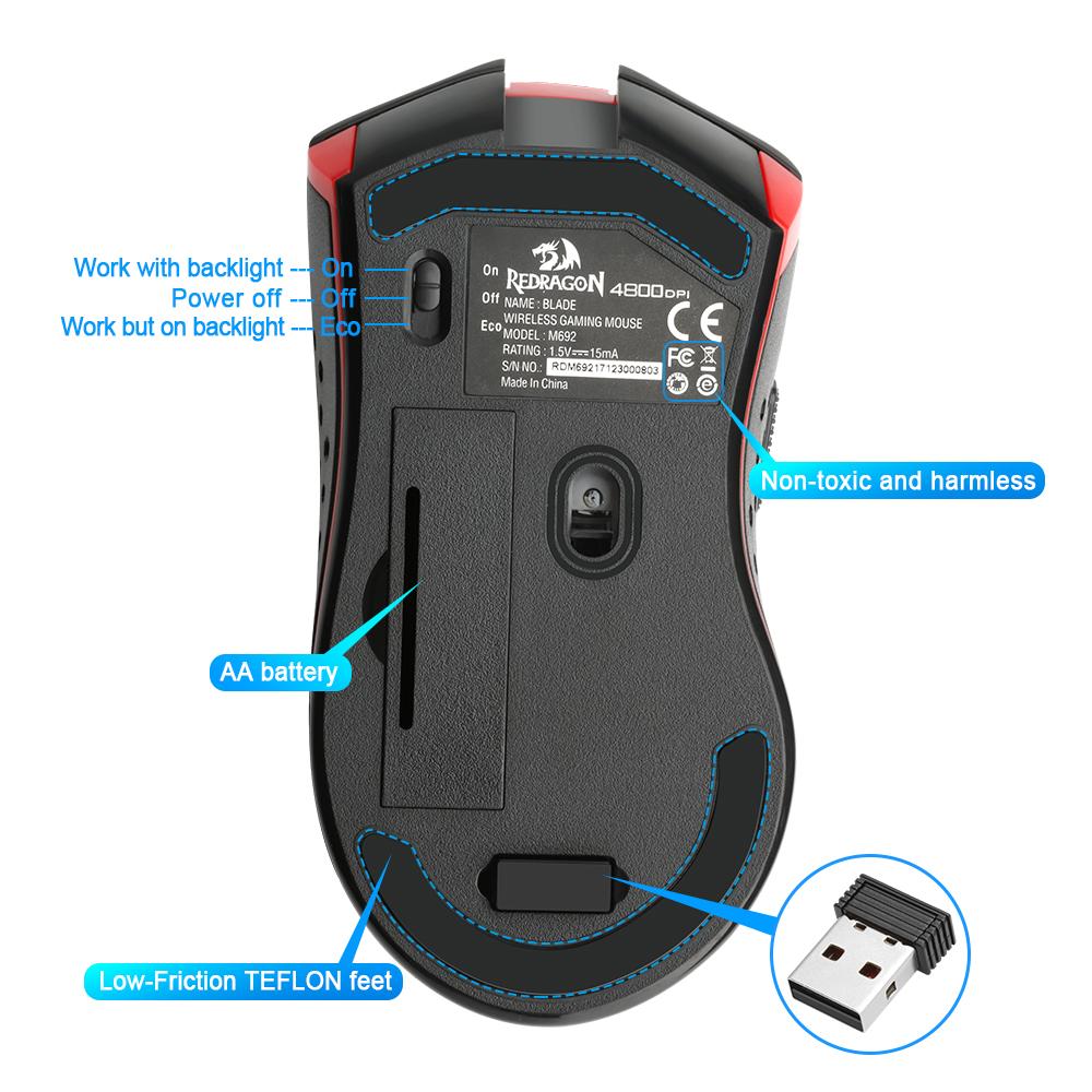 Redragon USB Wireless Gaming Mouse 4800 DPI 9 buttons ergonomic design for 2.4G desktop computer accessories  gamer lol PC